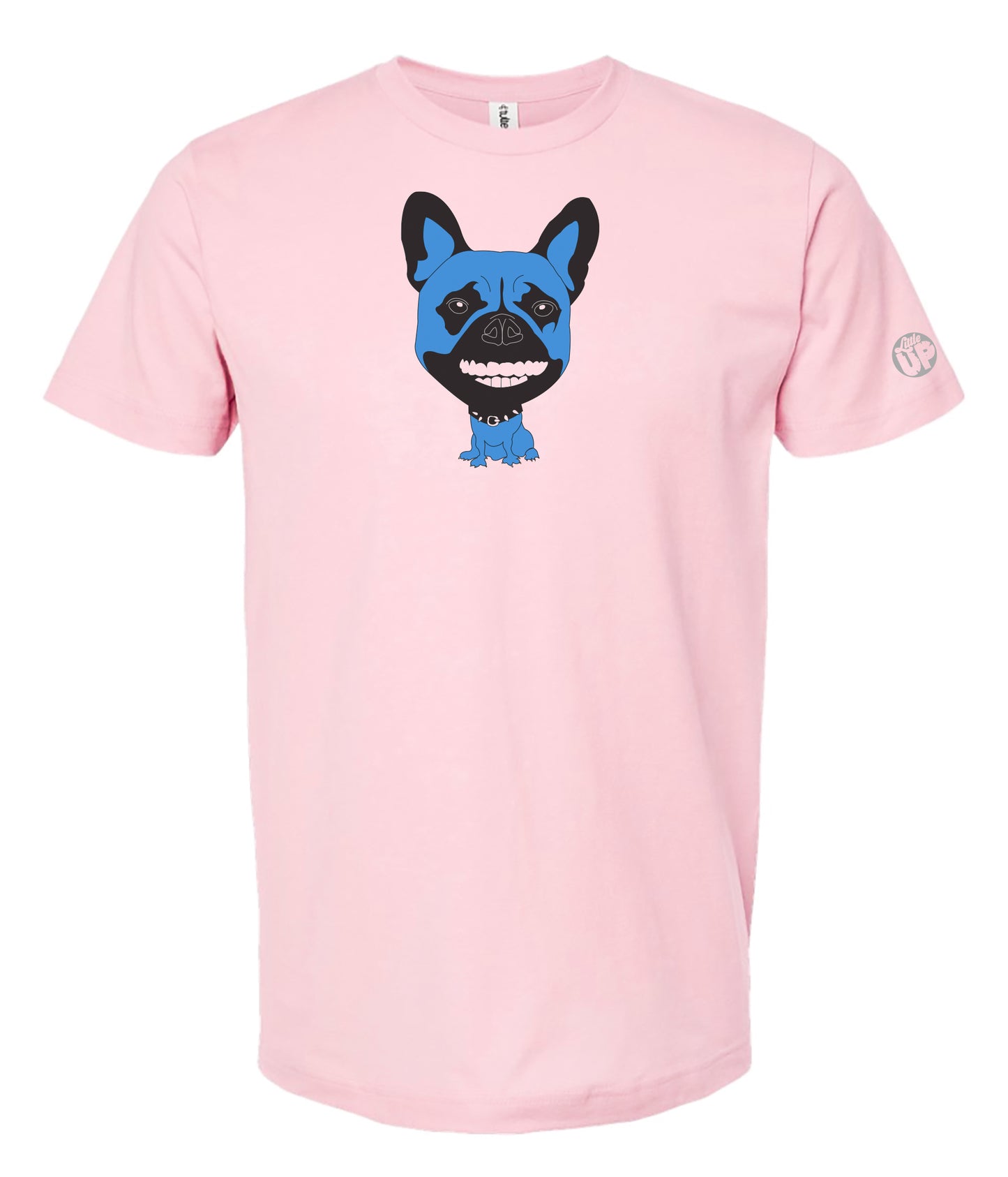 pink t-shirt with a blue and black French bulldog graphic on a white background