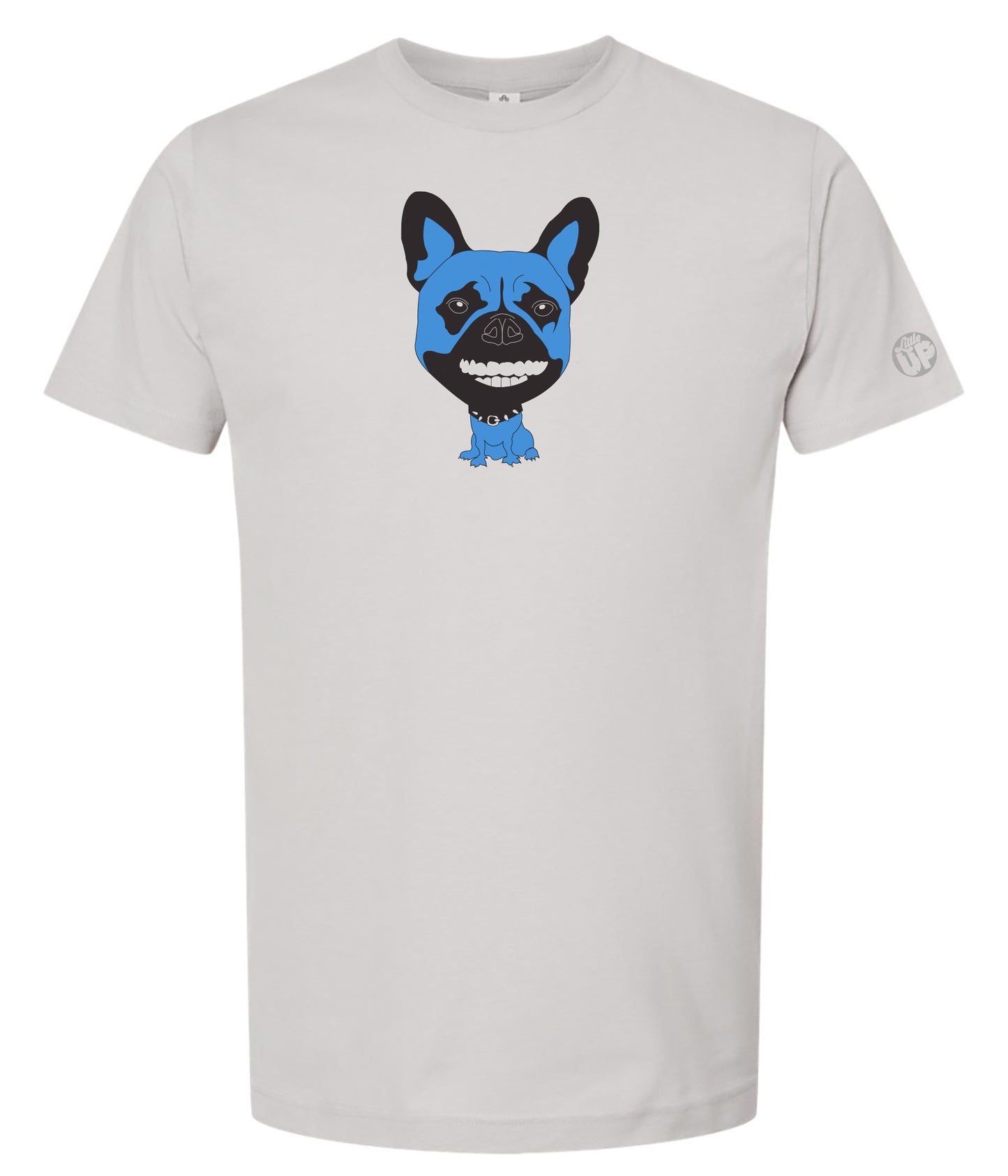 Light gray t-shirt with a blue and black French bulldog graphic on a white background