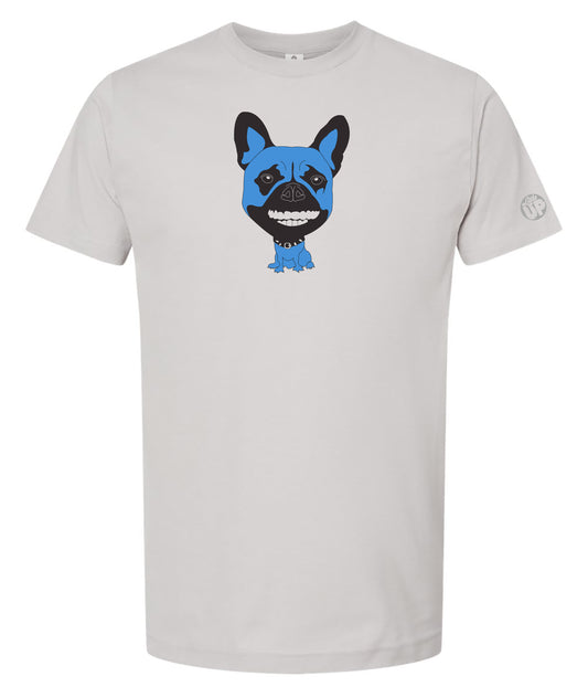 Light gray t-shirt with a blue and black French bulldog graphic on a white background