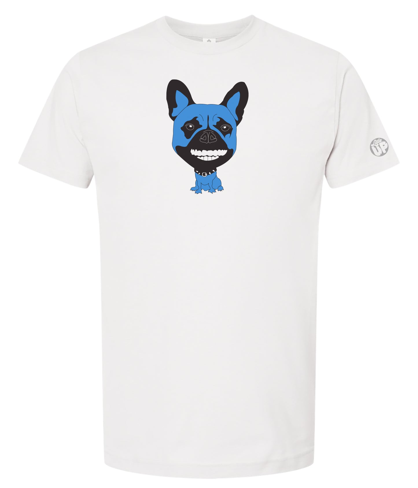 White t-shirt with a blue and black French bulldog graphic on a white background