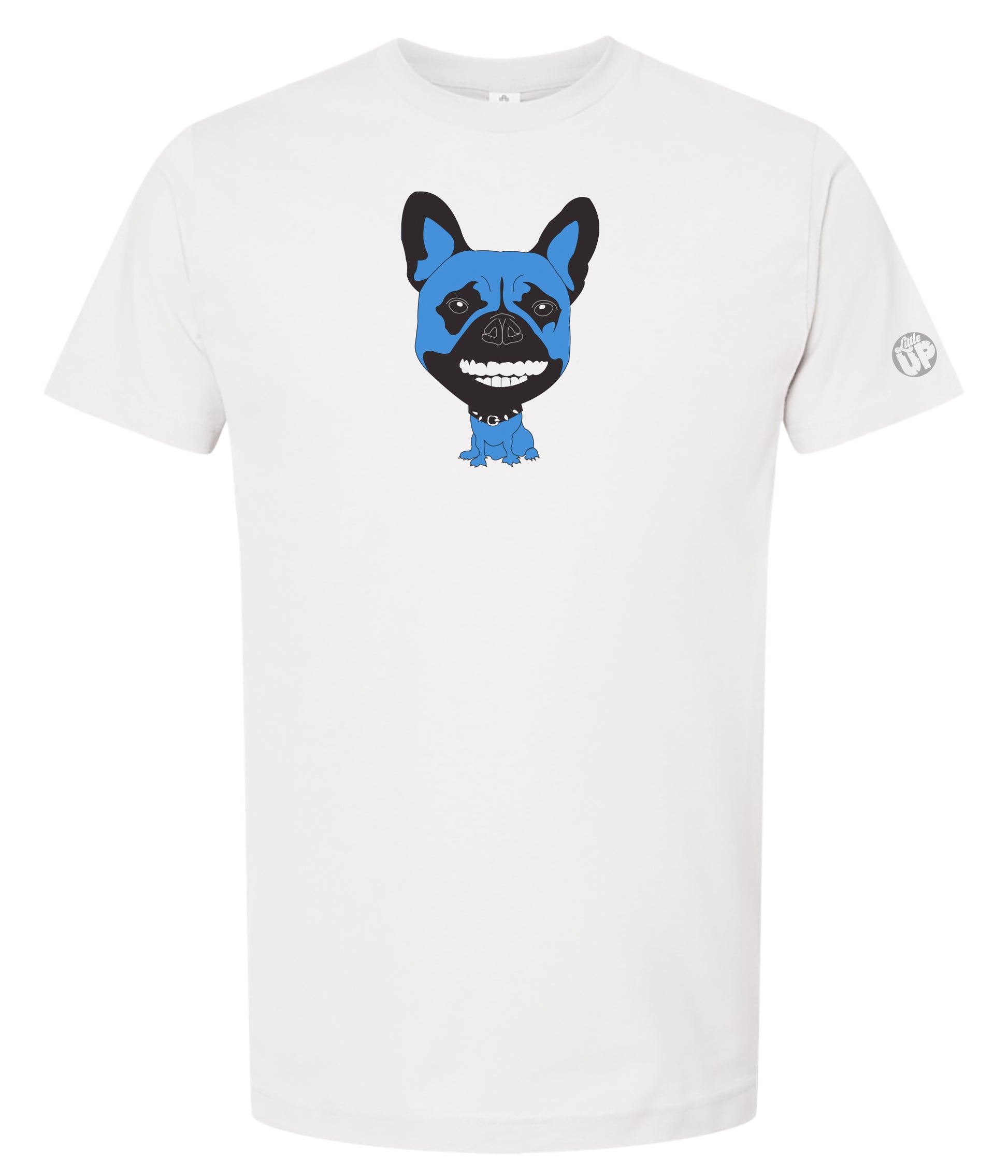 White t-shirt with a blue and black French bulldog graphic on a white background