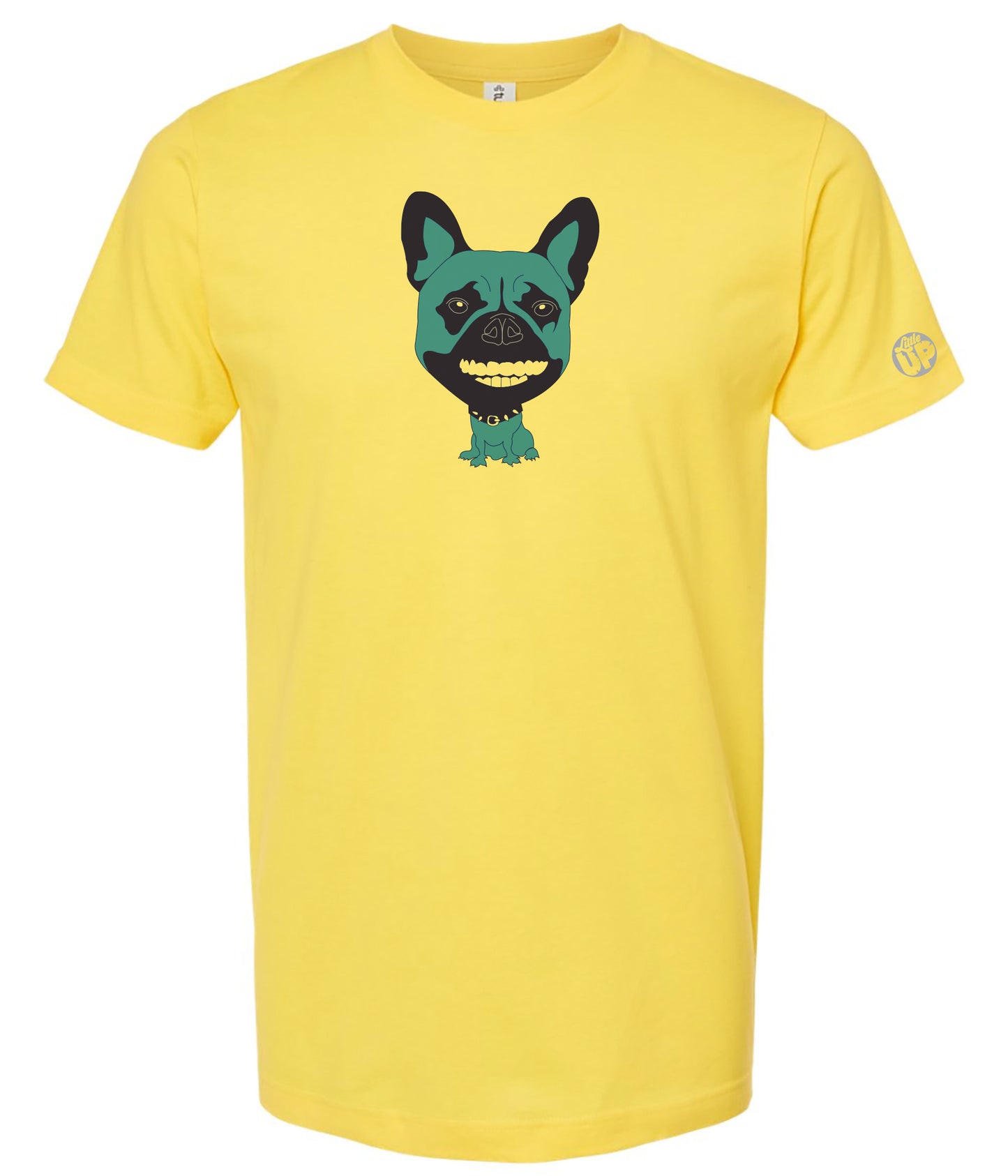 Yellow t-shirt with a blue and black French bulldog graphic on a white background