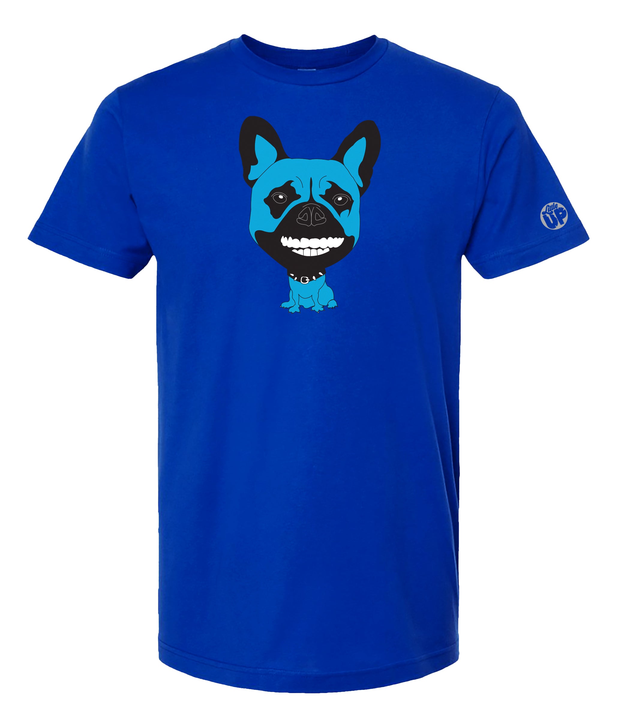 A royal blue short-sleeve crewneck t-shirt featuring a cartoon graphic of a blue and black French Bulldog on the chest, displayed against a solid white background.
