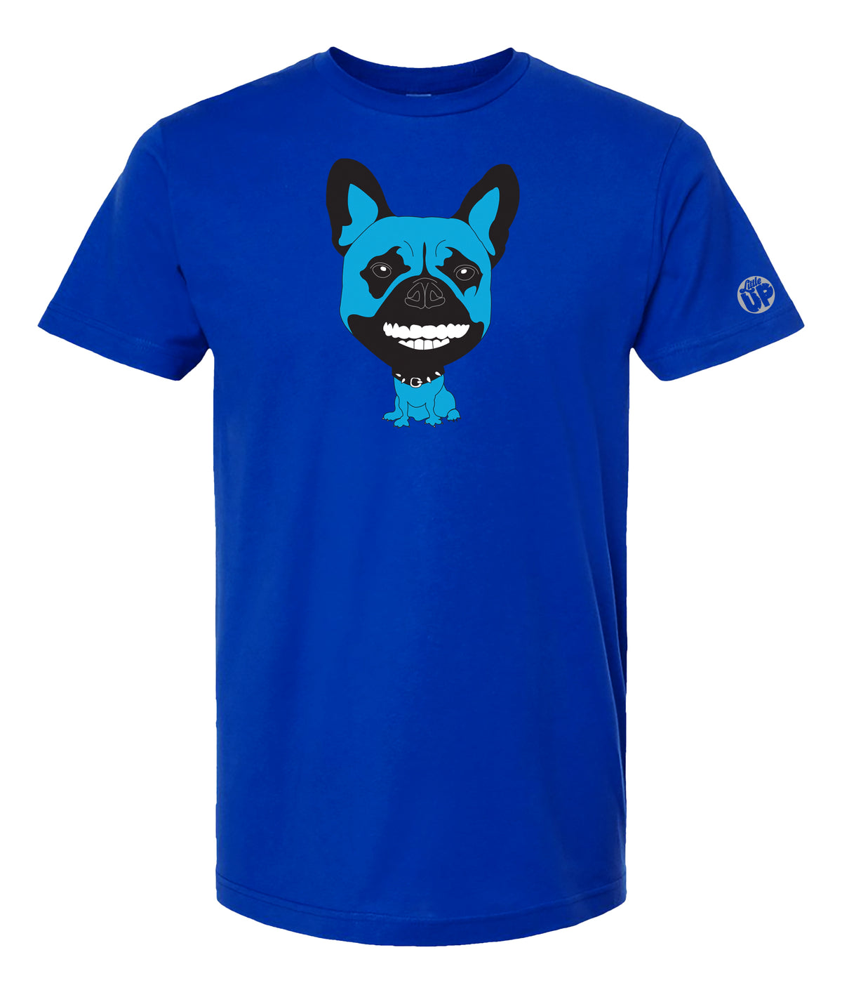 A royal blue short-sleeve crewneck t-shirt featuring a cartoon graphic of a blue and black French Bulldog on the chest, displayed against a solid white background.
