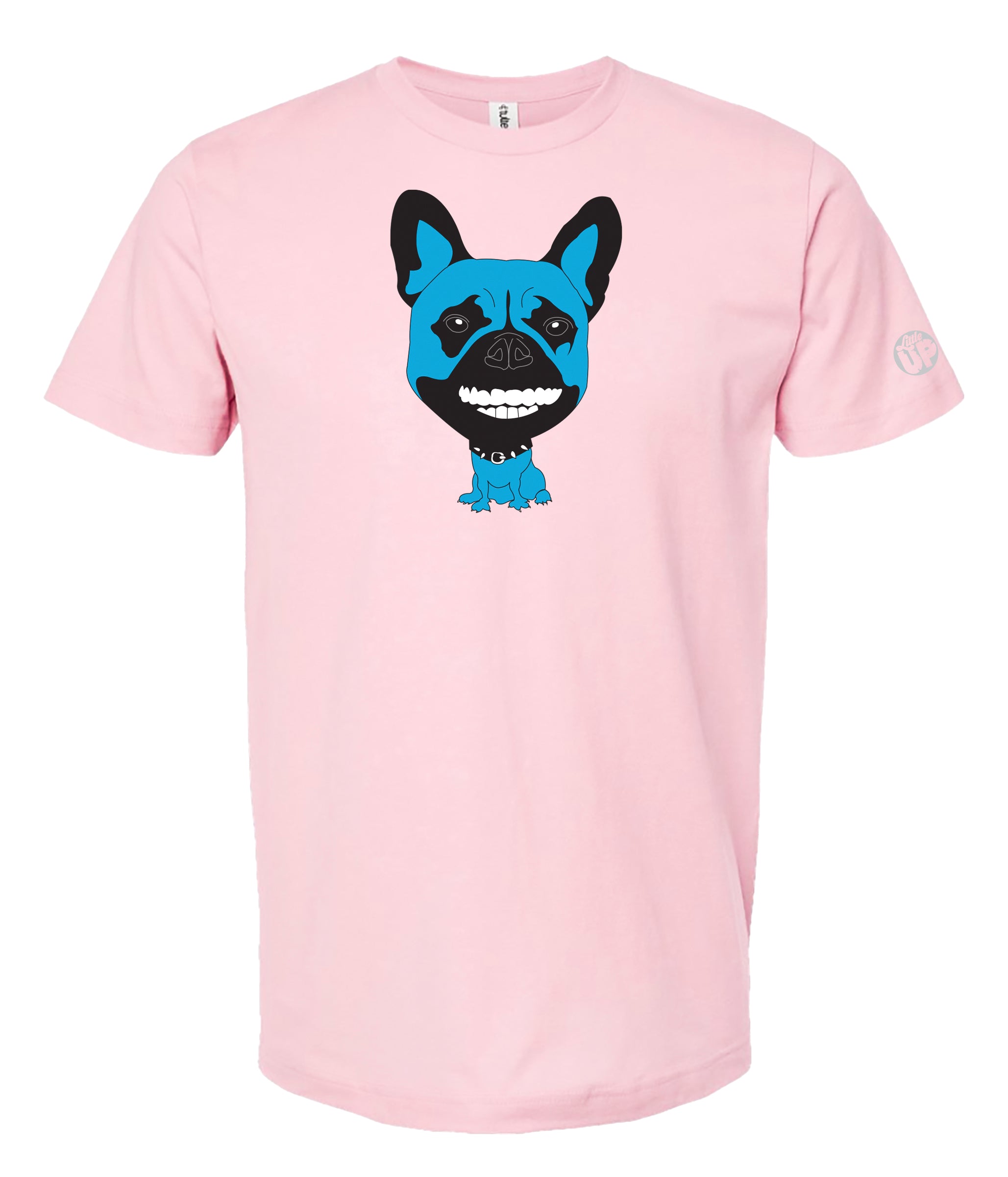 A light pink short-sleeve crewneck t-shirt featuring a cartoon graphic of a blue French Bulldog on the chest, displayed against a solid white background.