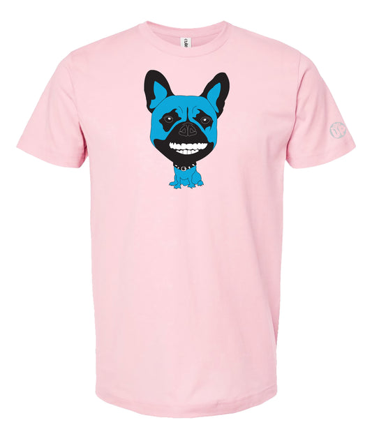 A light pink short-sleeve crewneck t-shirt featuring a cartoon graphic of a blue French Bulldog on the chest, displayed against a solid white background.