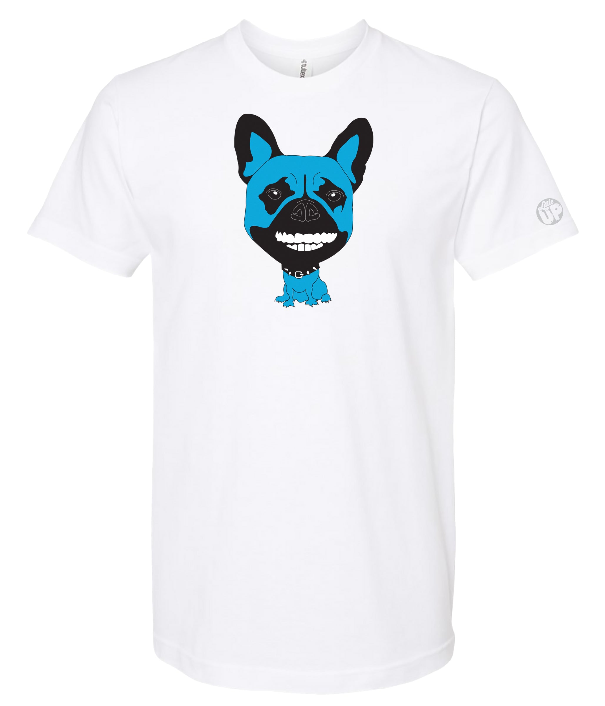 A white short-sleeve crewneck t-shirt featuring a graphic print of a blue and black cartoon French Bulldog on the chest, displayed against a solid white background.
