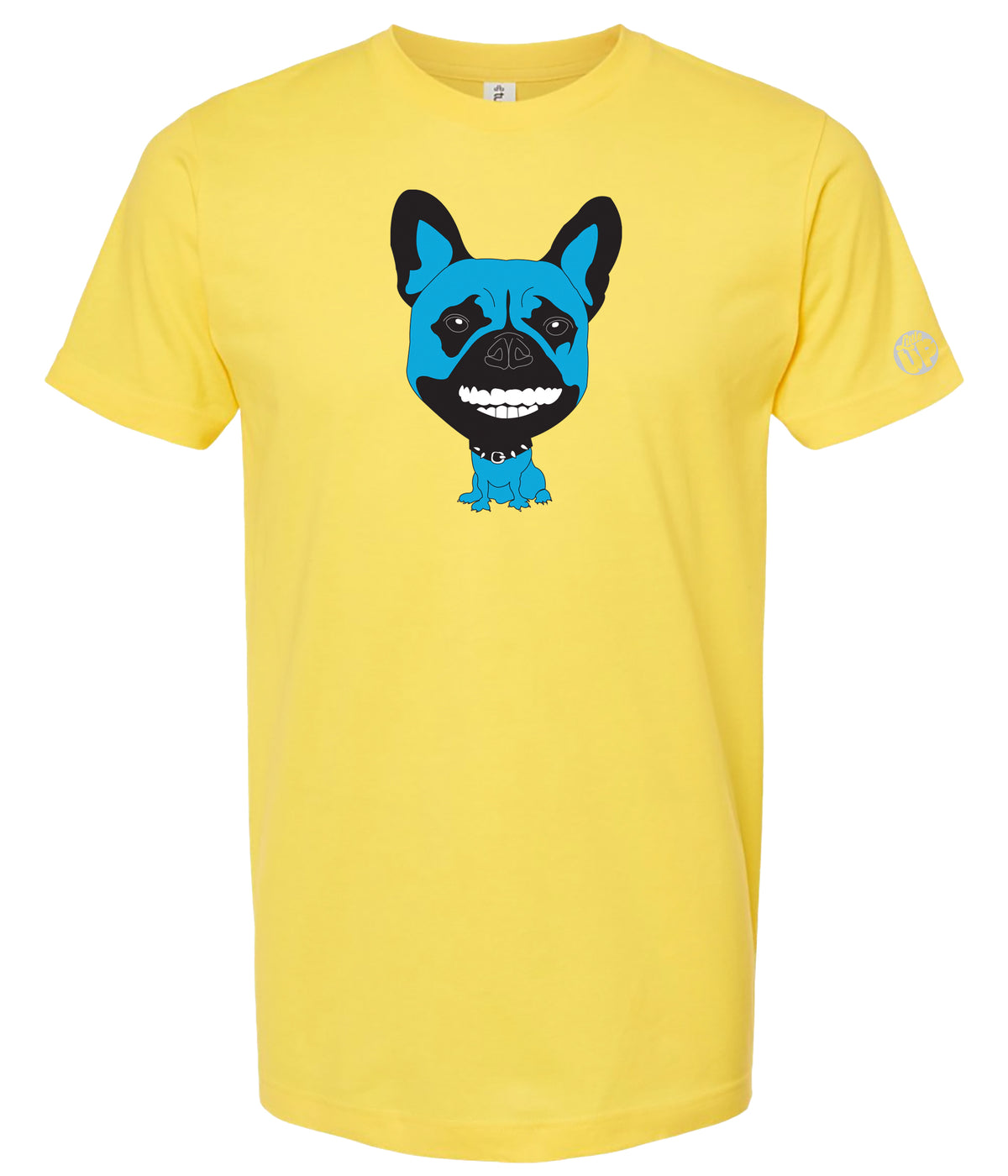 A bright yellow short-sleeve crewneck t-shirt featuring a cartoon graphic of a blue and black French Bulldog on the chest, displayed against a solid white background.
