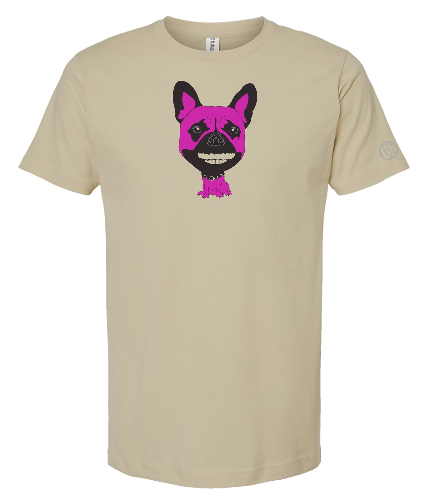 Beige t-shirt with a black and pink graphic of a French bulldog with human teeth on a white background