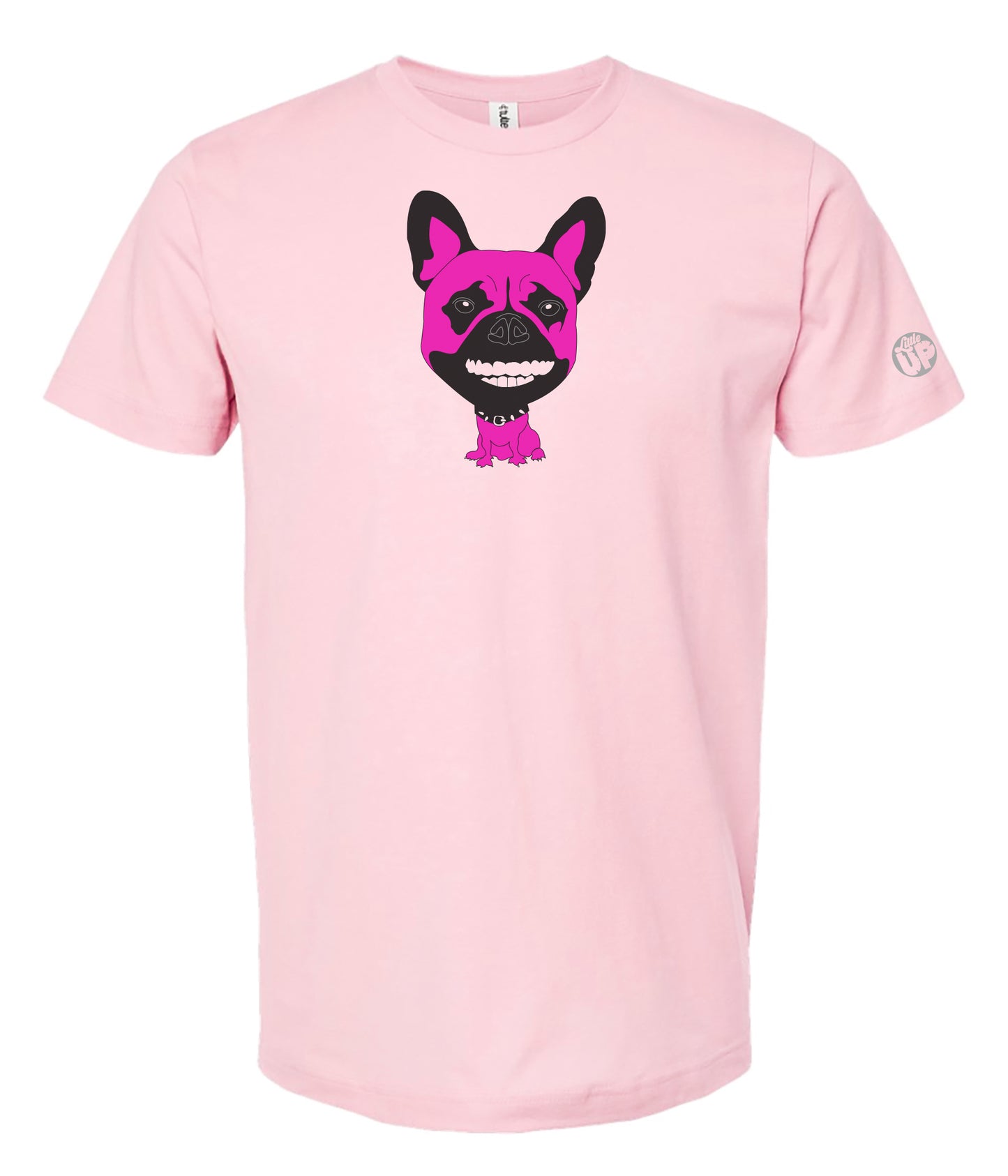 Pink t-shirt with a black and pink graphic of a French bulldog with human teeth on a white background