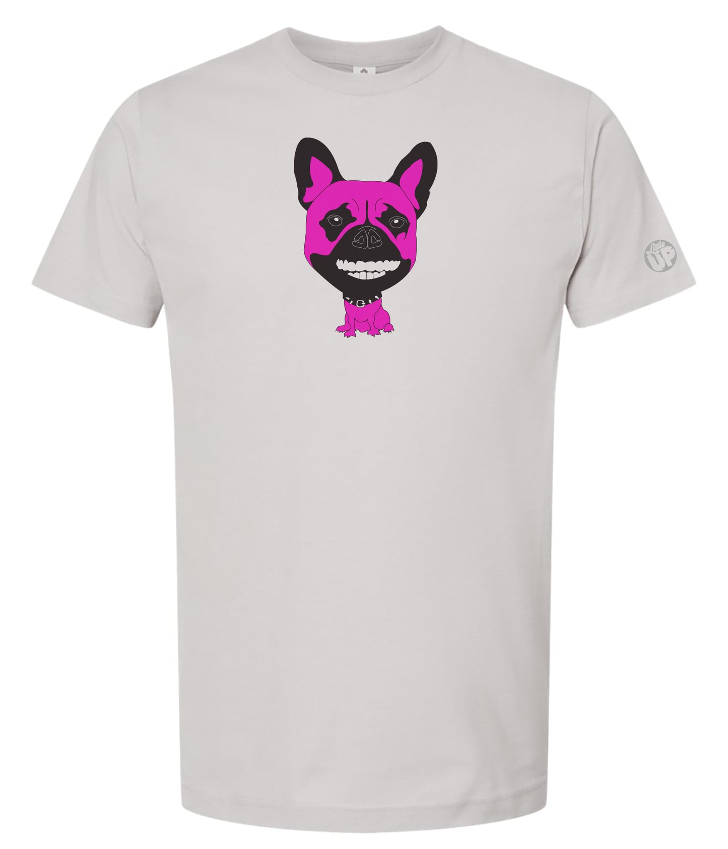 Light gray t-shirt with a black and pink graphic of a French bulldog with human teeth on a white background