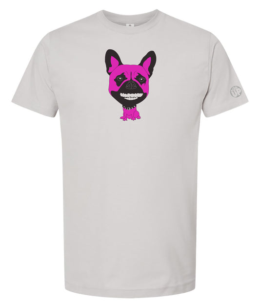 Light gray t-shirt with a black and pink graphic of a French bulldog with human teeth on a white background