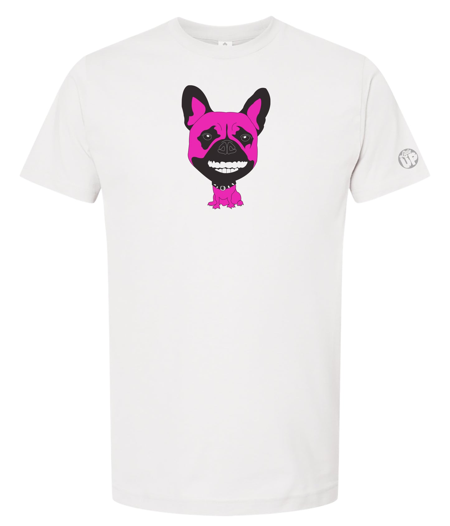 White t-shirt with a black and pink graphic of a French bulldog with human teeth on a white background