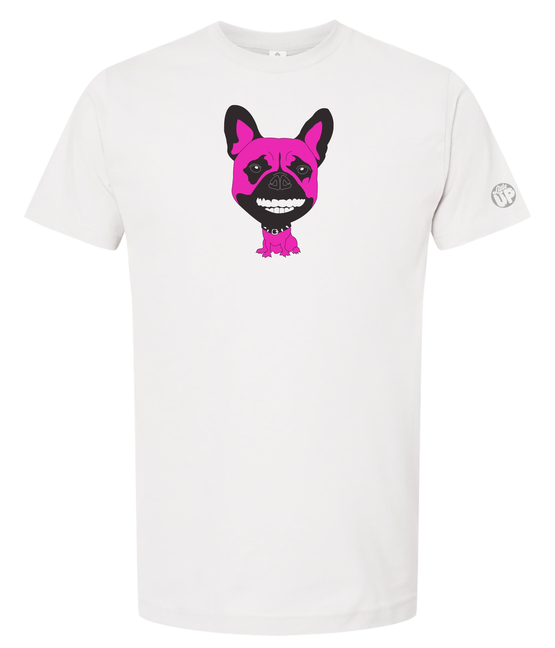 White t-shirt with a black and pink graphic of a French bulldog with human teeth on a white background