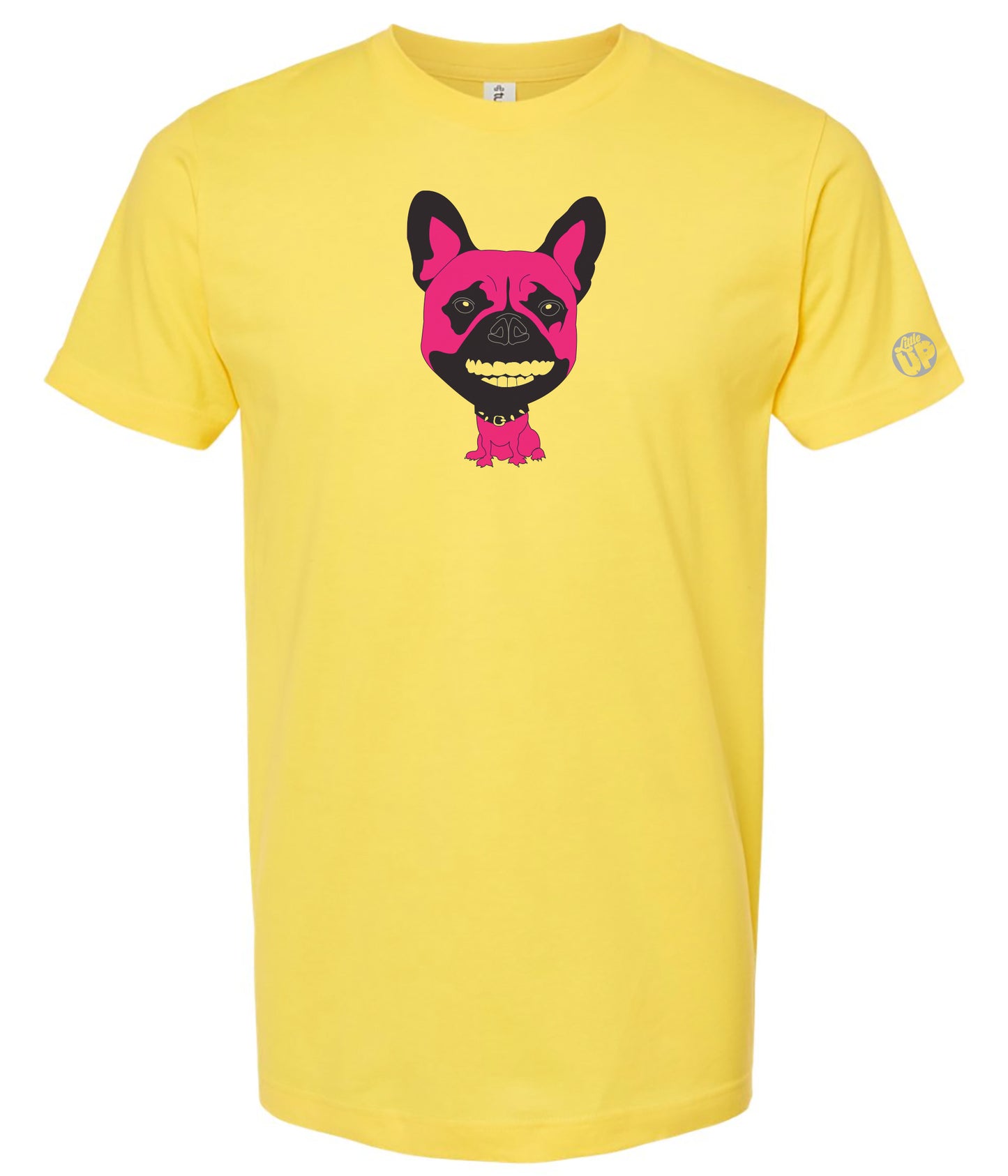Yellow t-shirt with a black and pink graphic of a French bulldog with human teeth on a white background