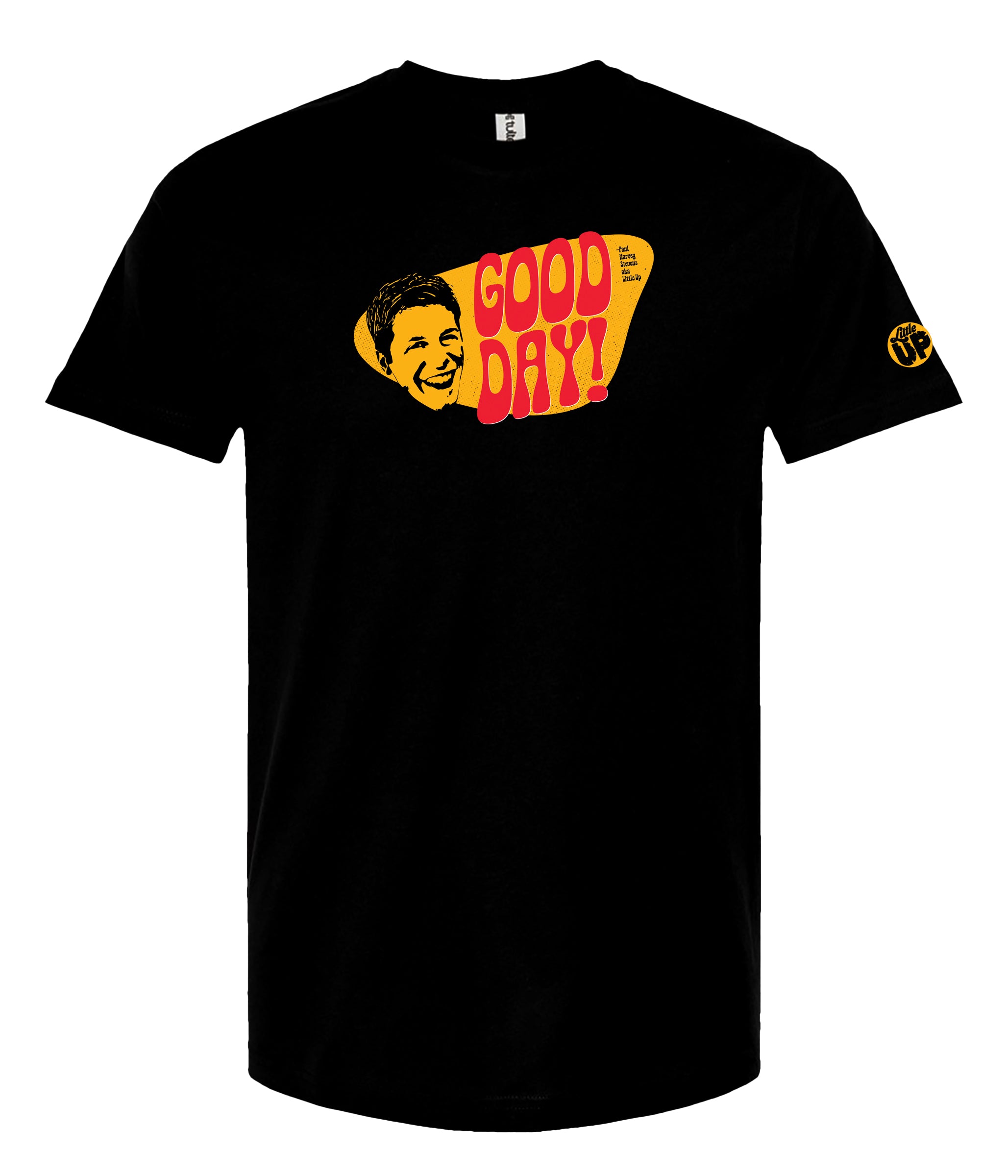 A black short-sleeve crewneck t-shirt featuring a retro graphic print of a smiling man's face and the text 'GOOD DAY!' in red and yellow, displayed on a solid white background.