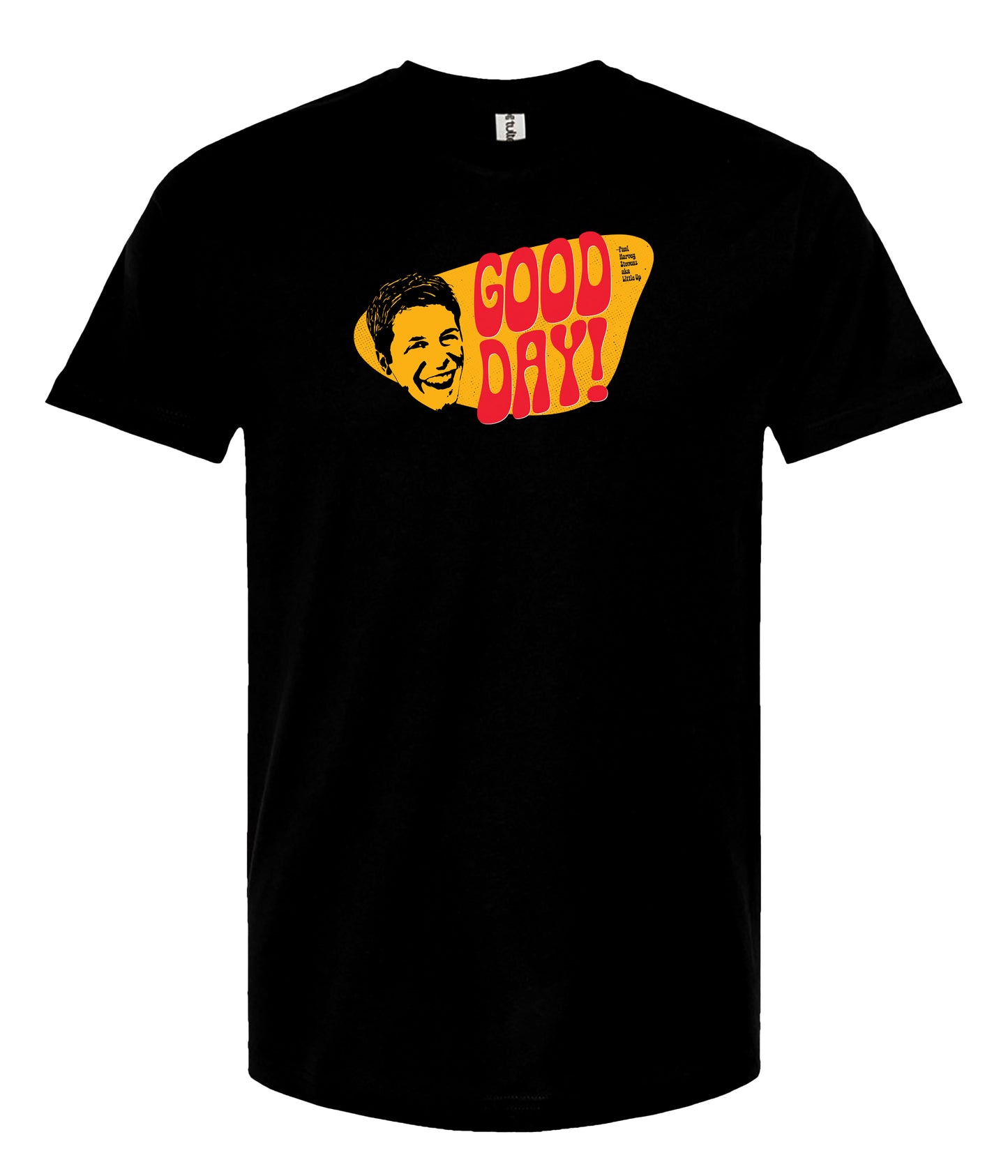 A black short-sleeve crewneck t-shirt featuring a retro graphic print of a smiling man's face and the text 'GOOD DAY!' in red and yellow, displayed on a solid white background.