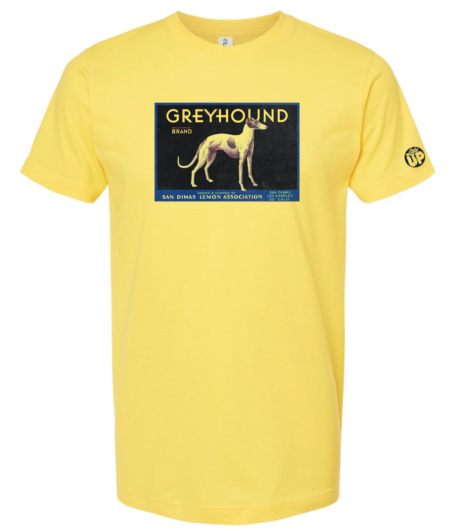 vintage packaging with illustration of white greyhound with a few large brown spots, "GREYHOUND" is the headline, printed on yellow t-shirt