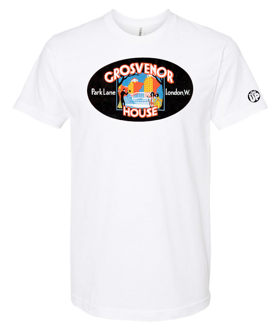 vintage oval horizontal  illustration of old hotel in London, colors include red, blue, orange, teal, yellow and black, printed on white t-shirt on white background
