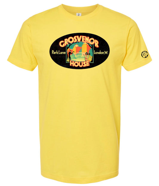vintage oval horizontal  illustration of old hotel in London, colors include red, blue, orange, teal, yellow and black, printed on yellow t-shirt on white background