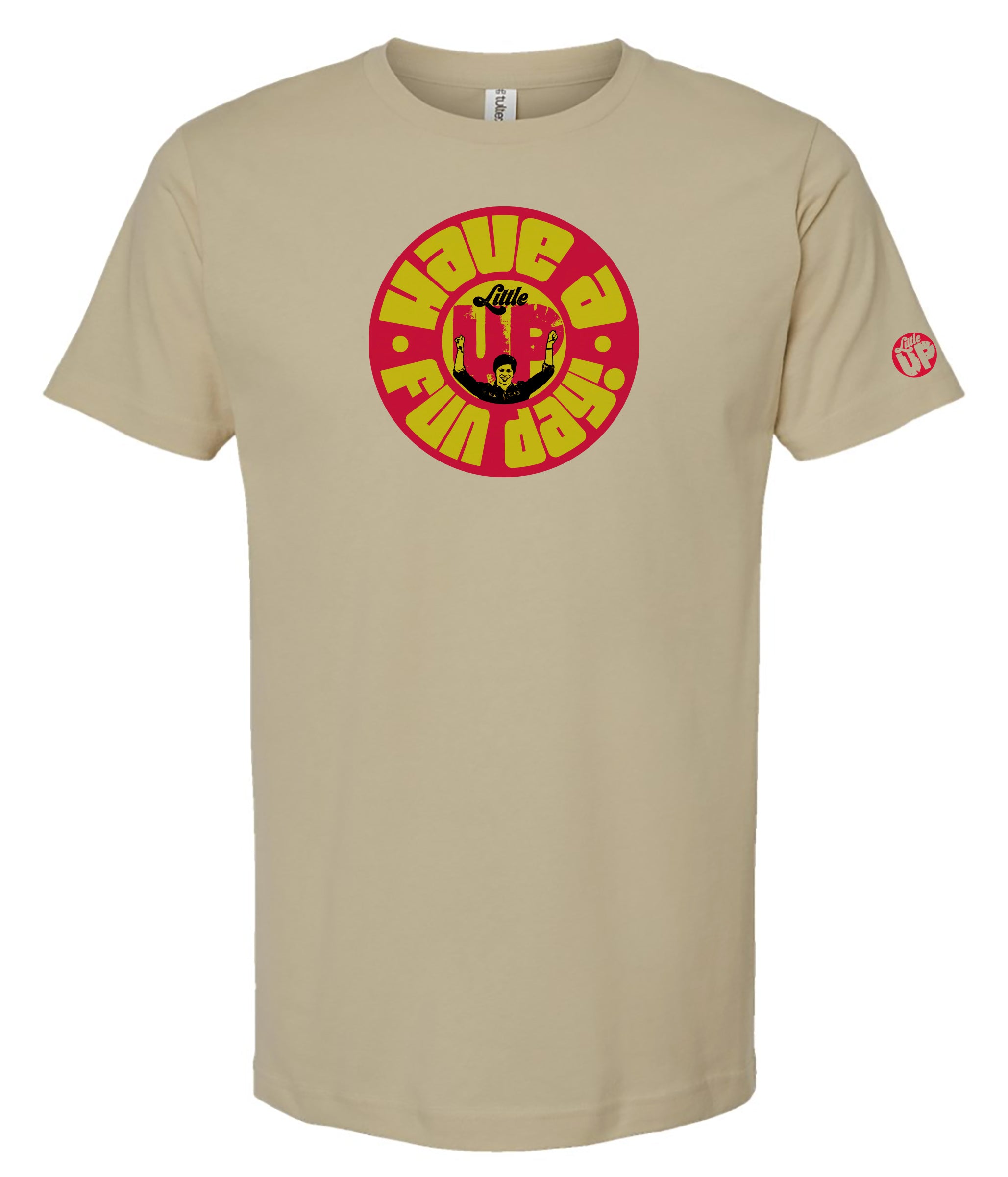 Beige tee with a red and yellow 