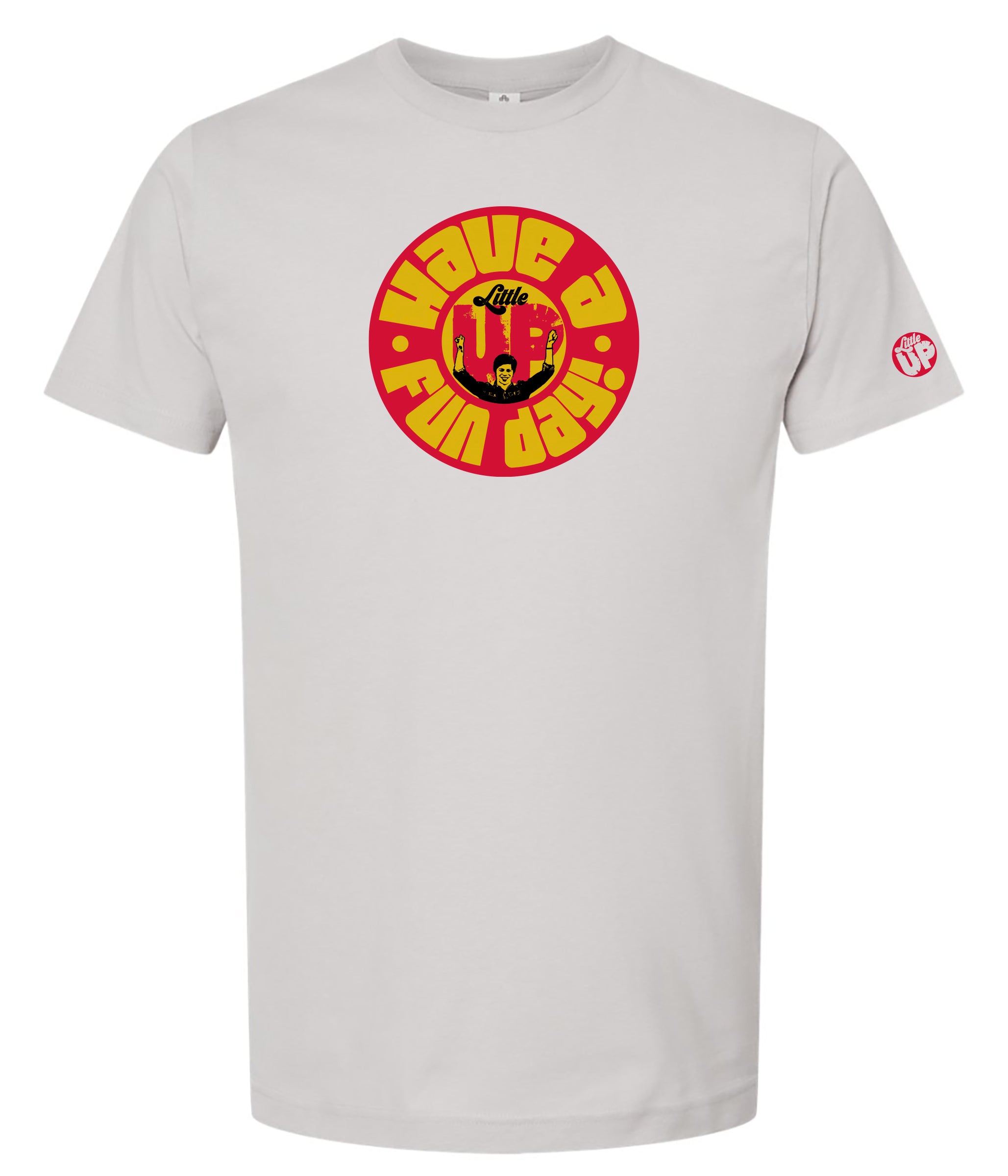 Gray t-shirt with a red and yellow 