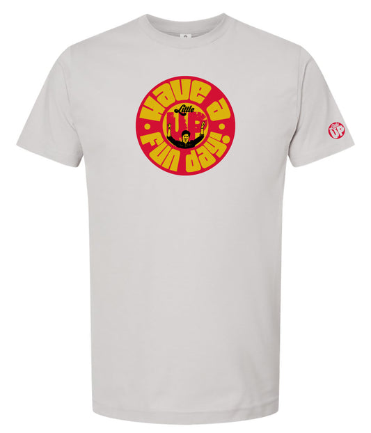 Gray t-shirt with a red and yellow "Have a Fun Day!" graphic design on a white background