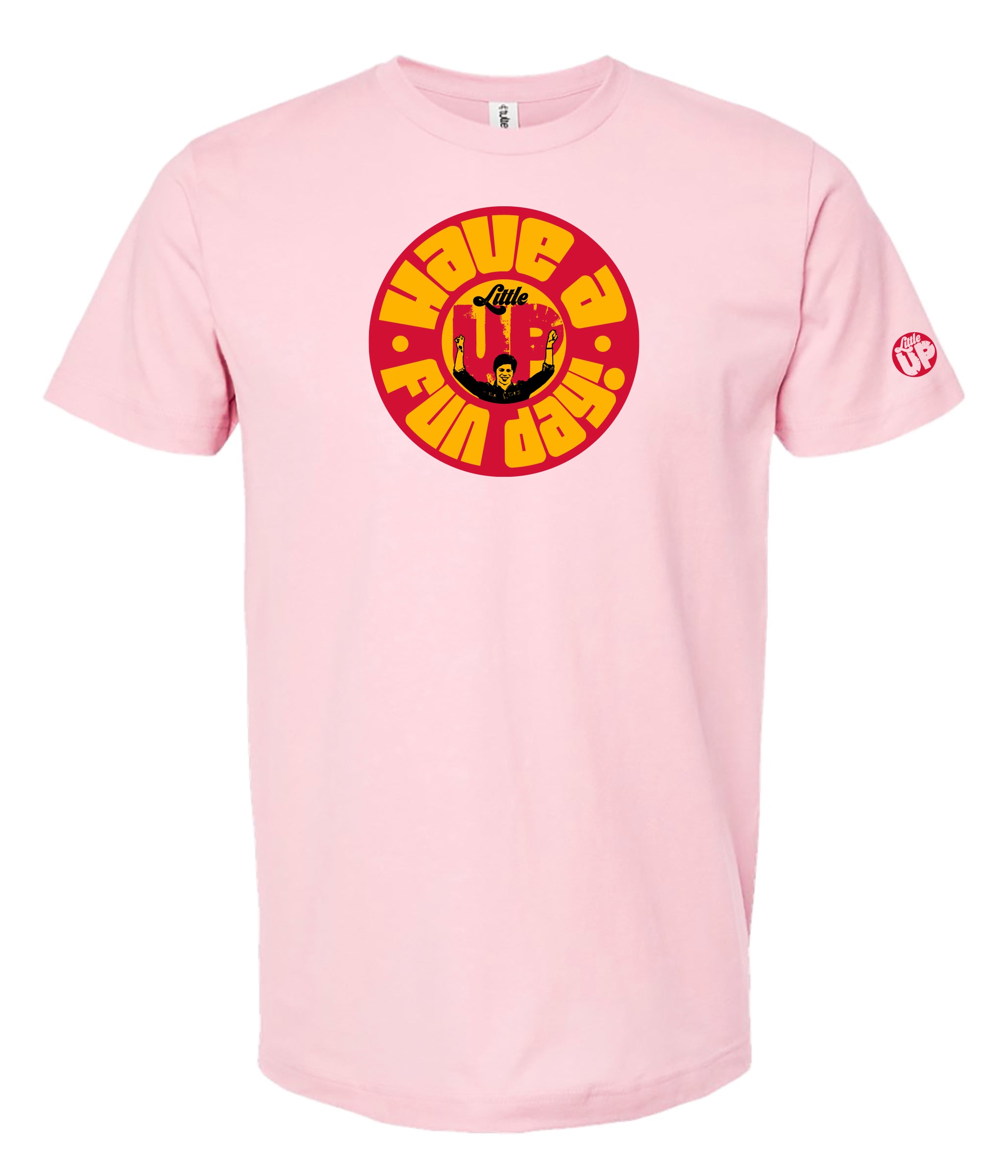 Pink t shirt with a red and yellow 
