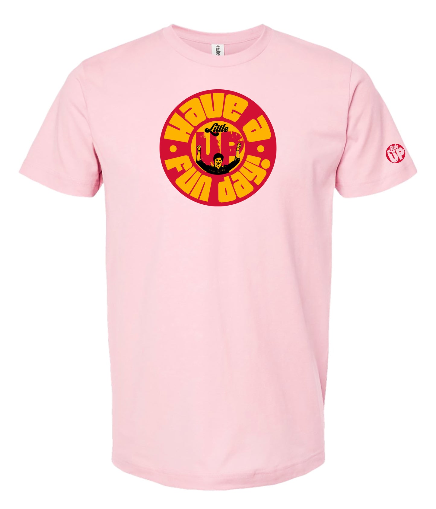 Pink t shirt with a red and yellow "Have a Fun Day!" graphic design on a white background