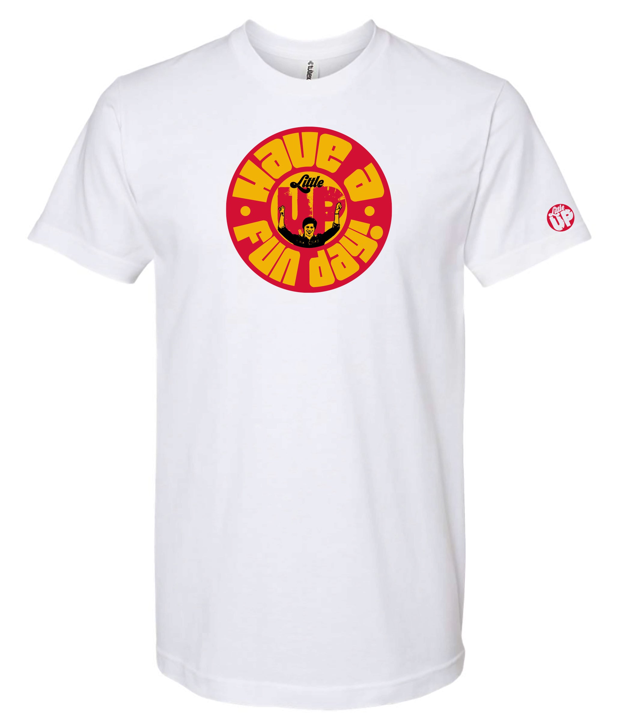 White tee with a red and yellow 
