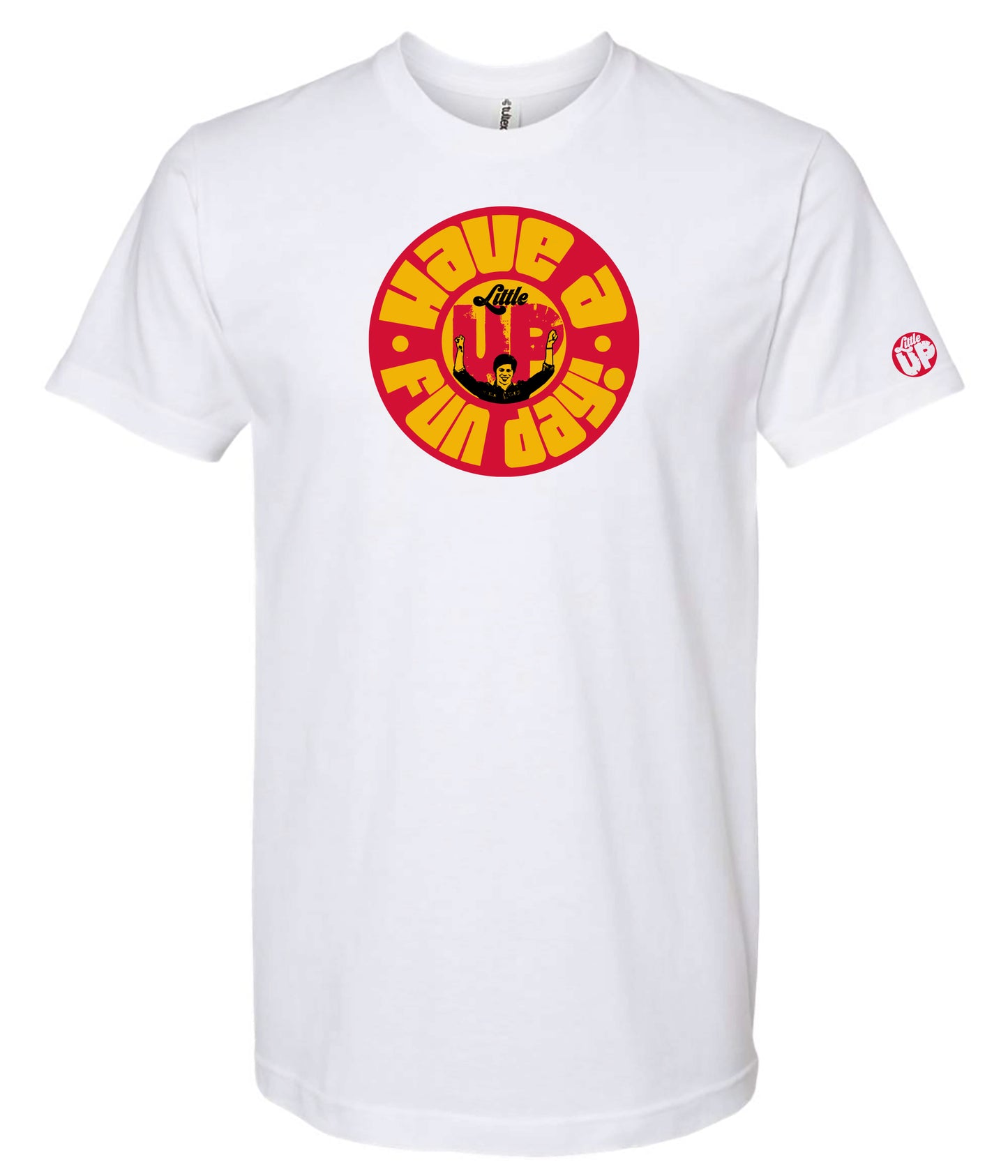 White tee with a red and yellow "Have a Fun Day!" graphic design on a white background