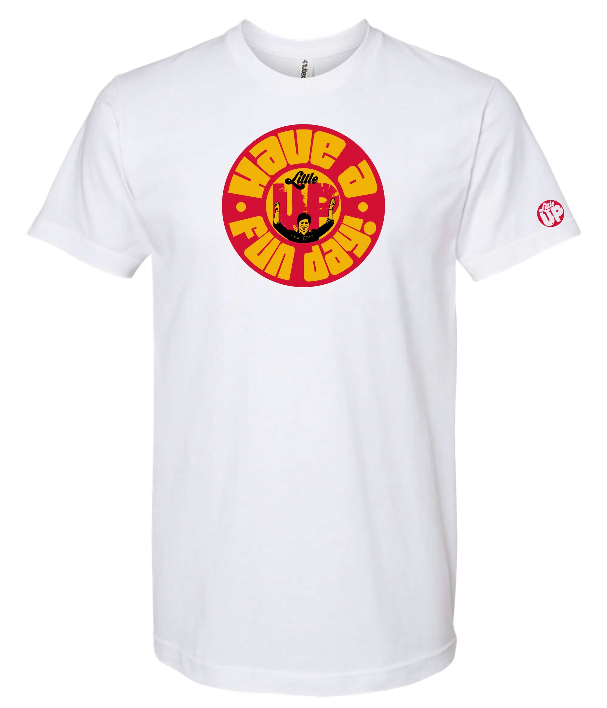 White tee with a red and yellow "Have a Fun Day!" graphic design on a white background