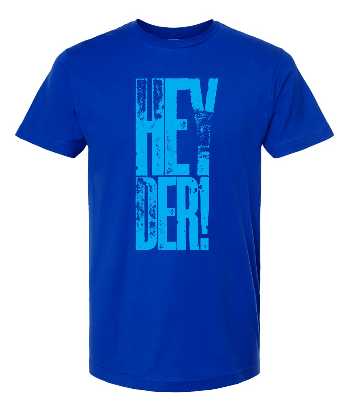 Navy blue t-shirt with big blue textured text 'HEY DER!' on a white background