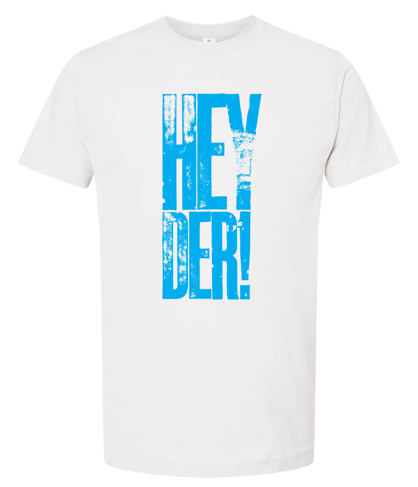 White t-shirt with big blue textured text 'HEY DER!' on a white background