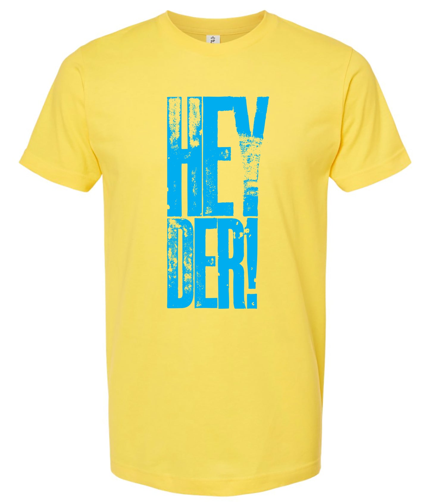 Yellow t-shirt with big blue textured text 'HEY DER!' on a white background