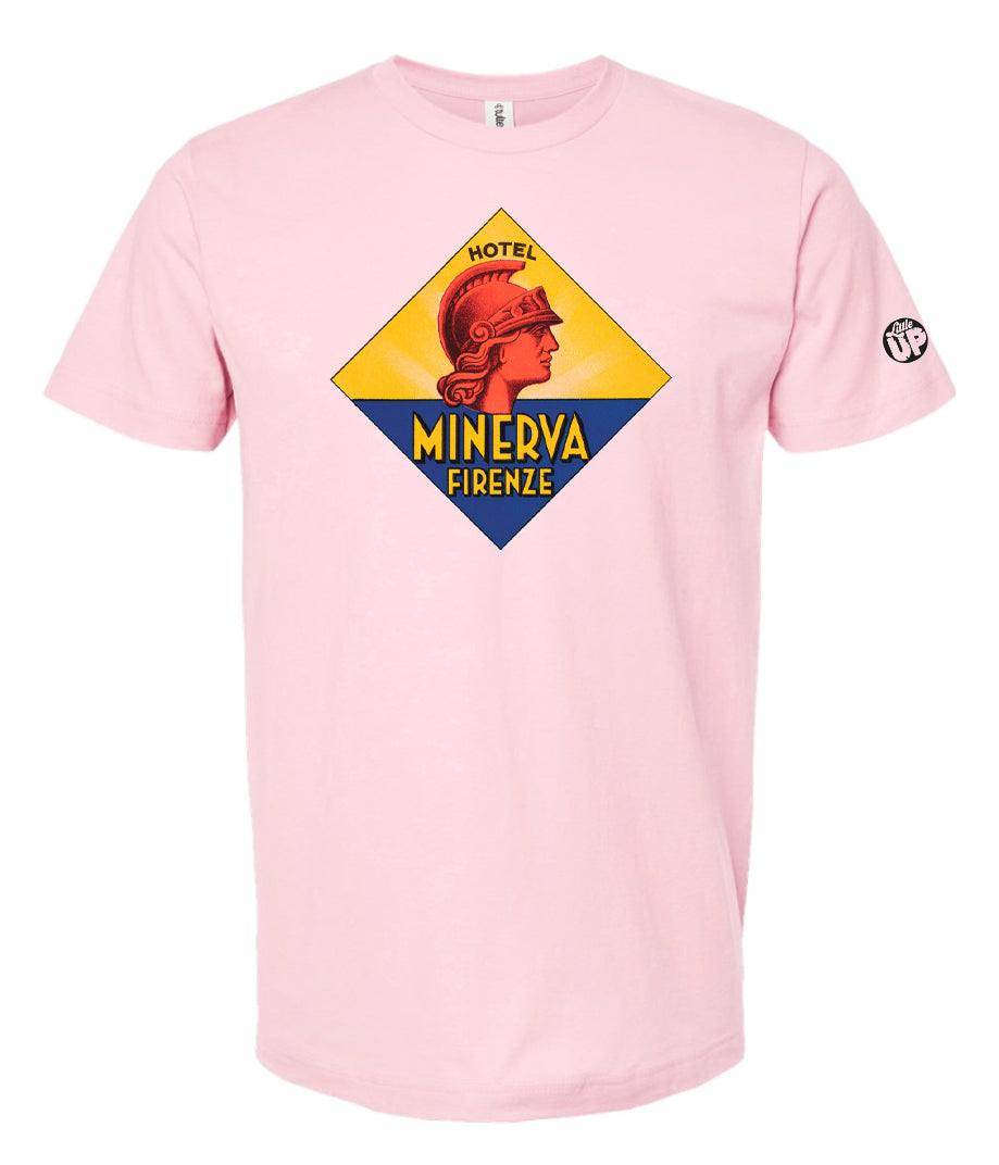 diamond shape vintage illustration of Hotel Minerva Firenze with bust of classic gladiator on pink youth t-shirt on white background