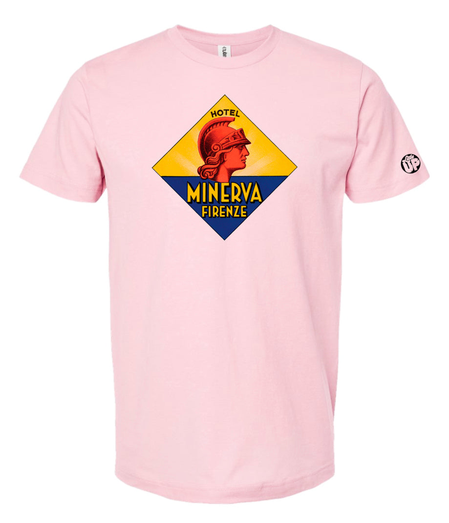 diamond shape vintage illustration of Hotel Minerva Firenze with bust of classic gladiator on pink t-shirt on white background