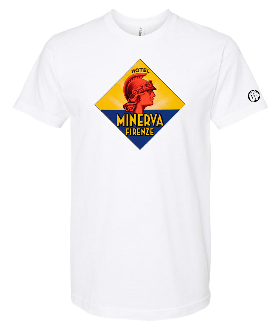 diamond shape vintage illustration of Hotel Minerva Firenze with bust of classic gladiator on white t-shirt on white background