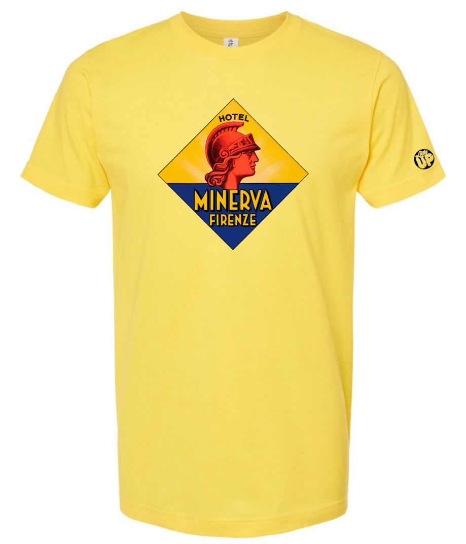 diamond shape vintage illustration of Hotel Minerva Firenze with bust of classic gladiator on yellow t-shirt on white background