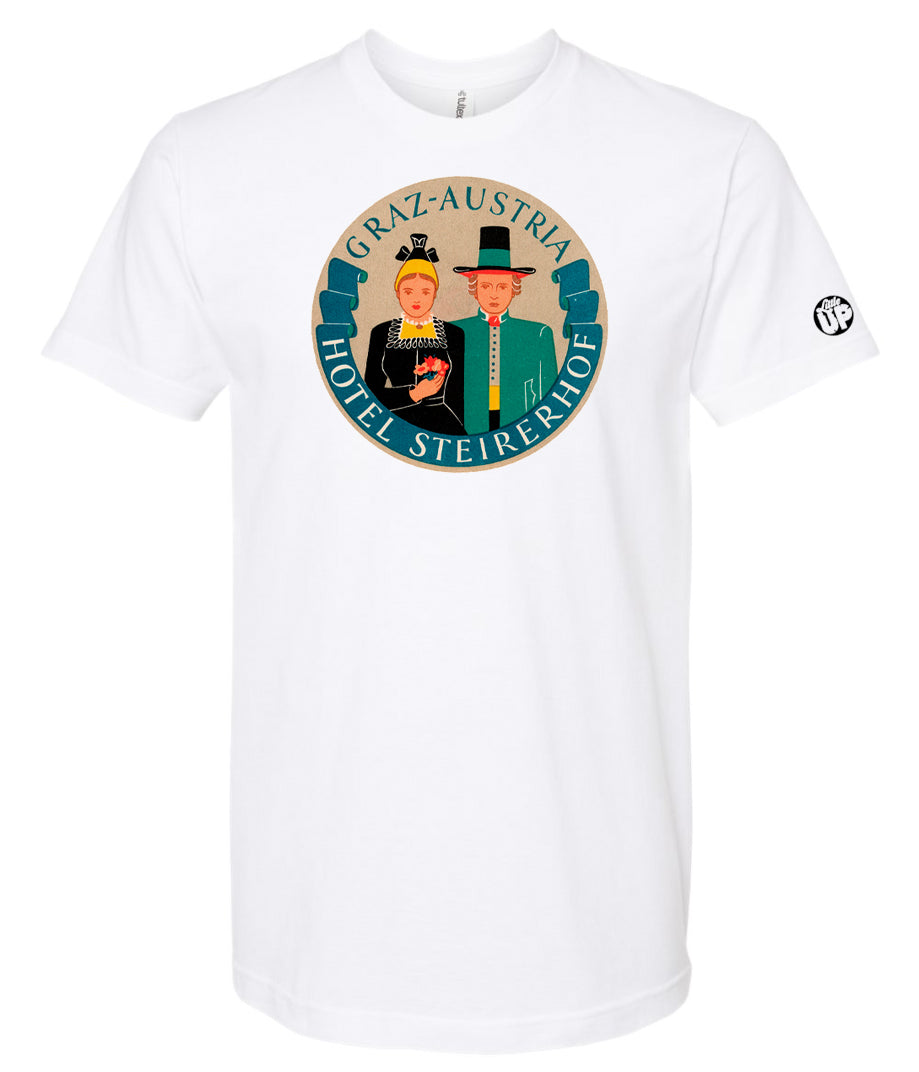 vintage round illustration of old hotel in Austria, colors include blue, orange, teal, yellow and black, printed on white t-shirt on white background