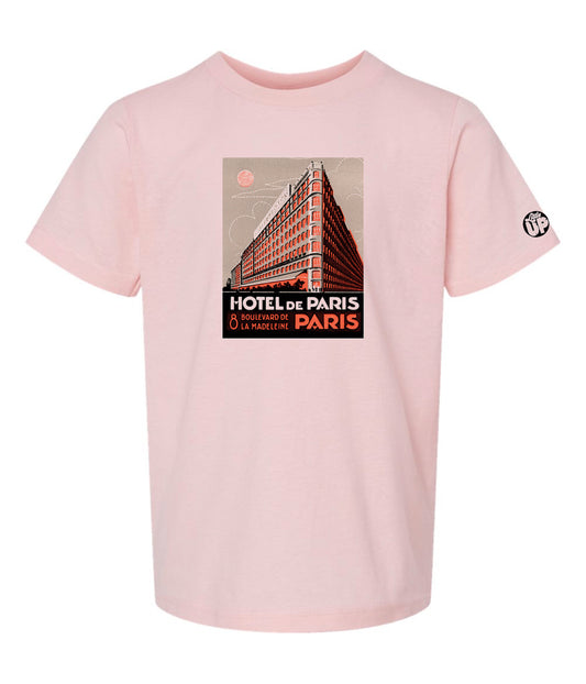 vintage graphic for "Hotel De Paris" in red, tan and black on pink youth t-shirt on white background