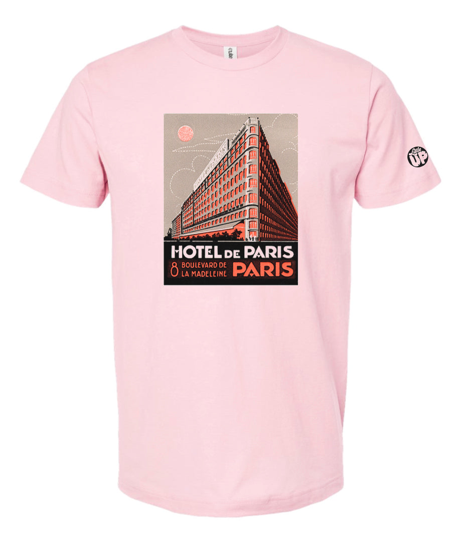 vintage graphic for "Hotel De Paris" in red, tan and black on pink t-shirt on white background