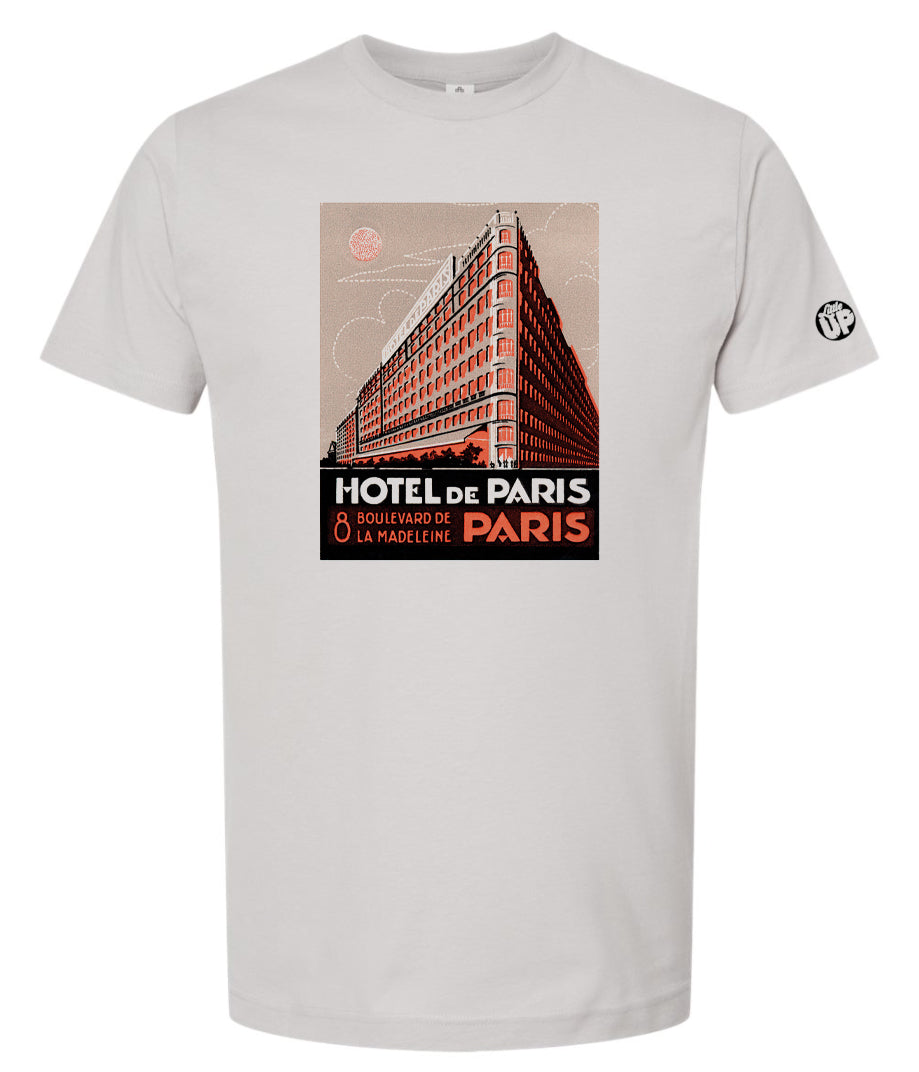 vintage graphic for "Hotel De Paris" in red, tan and black on light gray t-shirt on white background