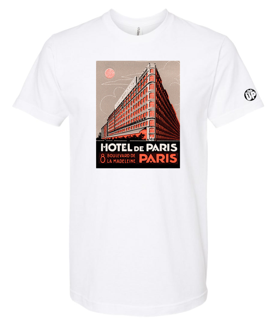 vintage graphic for "Hotel De Paris" in red, tan and black on white t-shirt on white background