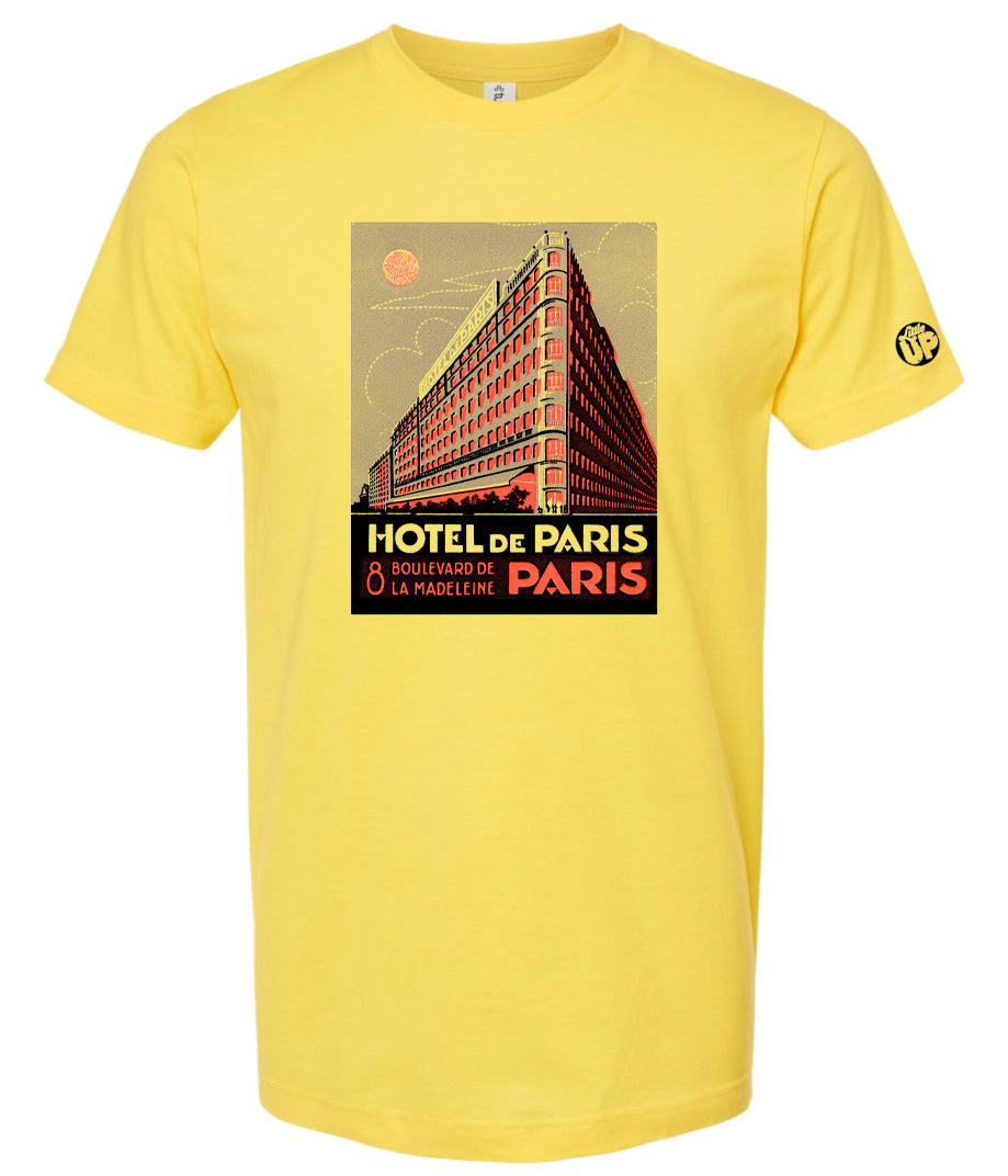 vintage graphic for "Hotel De Paris" in red, tan and black on yellow t-shirt on white background