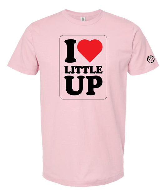 vertical "I Heart Little UP" graphic on pink t-shirt on white background