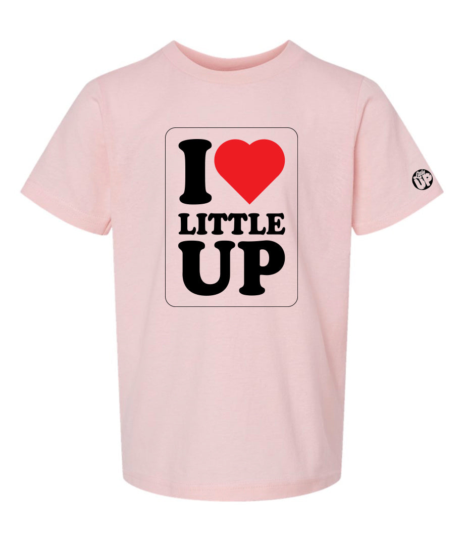 vertical "I Heart Little UP" graphic on pink youth t-shirt on white background