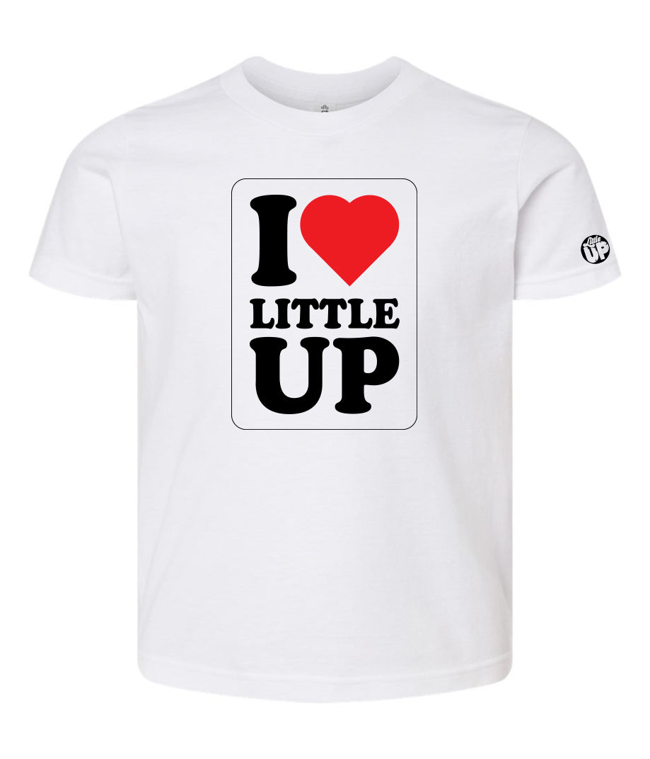 vertical "I Heart Little UP" graphic on white youth t-shirt on white background