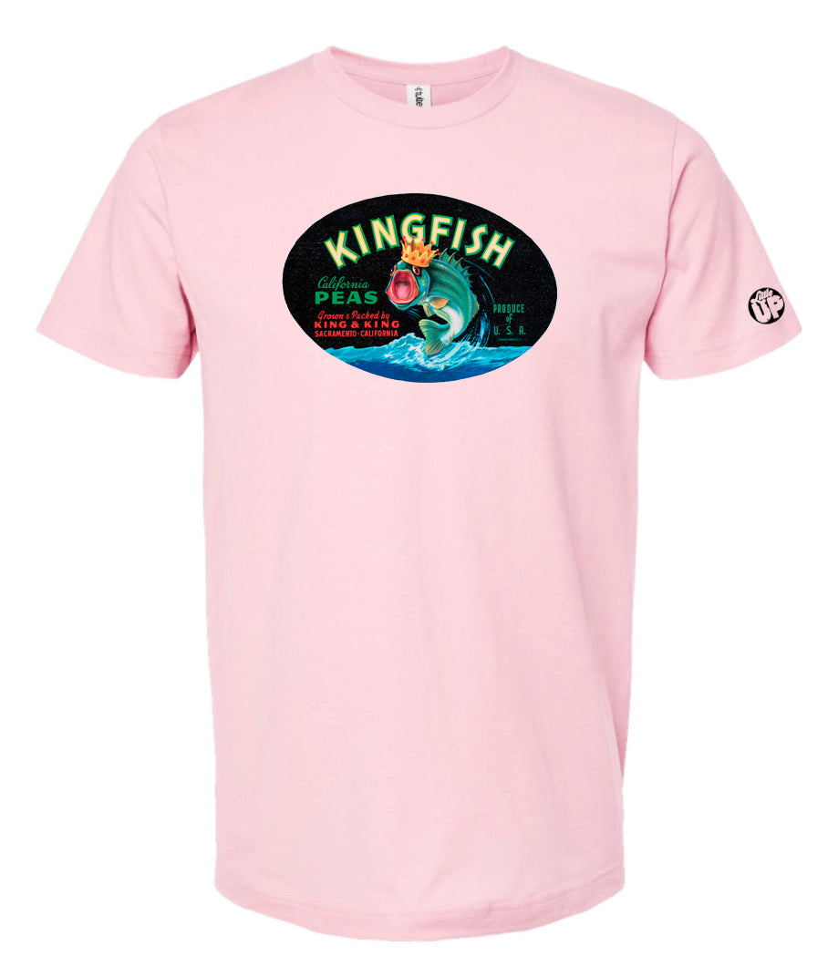 oval vintage packaging graphic with "KINGFISH" as the headline, illustration of Kingfish with crown, printed on white t-shirt on pink background