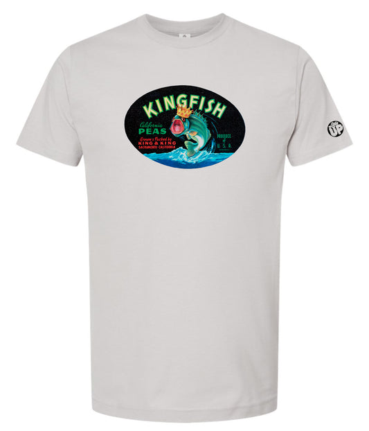 oval vintage packaging graphic with "KINGFISH" as the headline, illustration of Kingfish with crown, printed on light gray t-shirt on white background